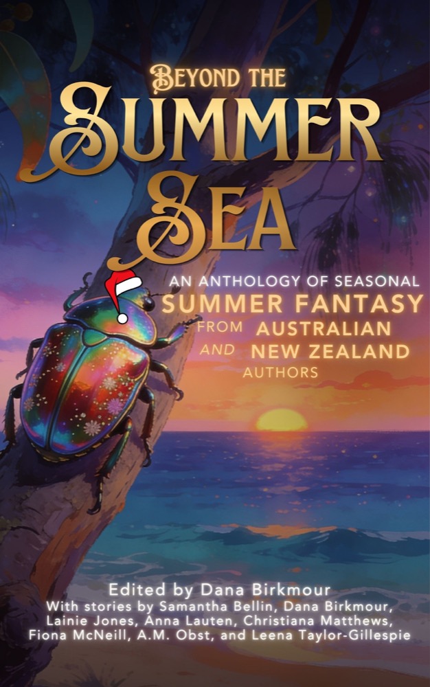 Beyond the Summer Sea anthology cover: a jewel-colored Christmas beetle on a gum tree above a sea lit by sunset